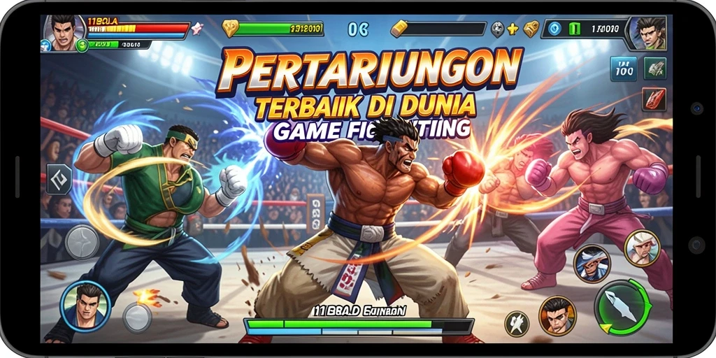 Tampilan gameplay menegangkan dengan karakter bertarung di arena.