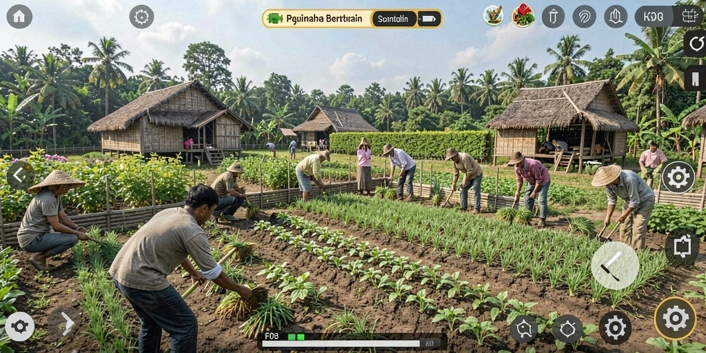 Screenshot permainan F08 menampilkan aktivitas bertani yang menyenangkan.