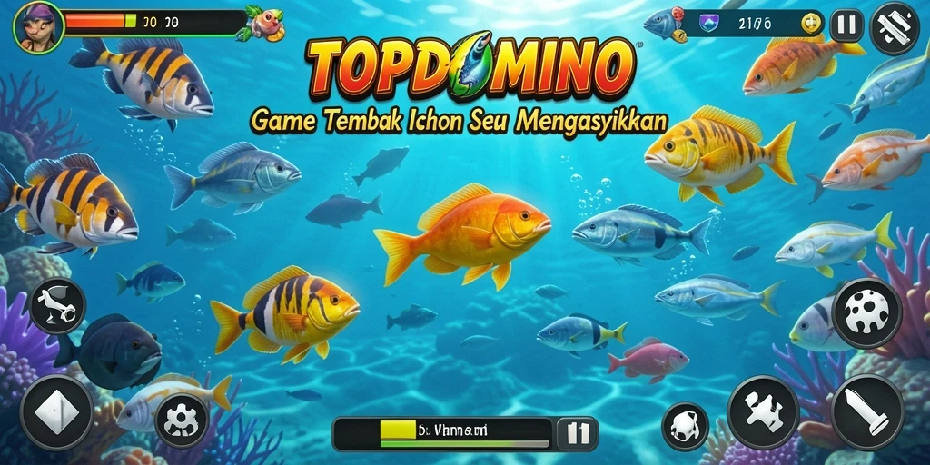 Gameplay seru Tembak Ikan di TOPDOMINO dengan berbagai ikan dan senjata.