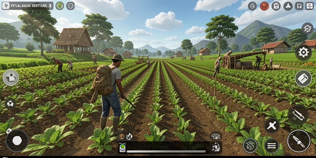 Screenshot gameplay V07 menampilkan aktivitas bertani seru dan interaksi antar pemain.